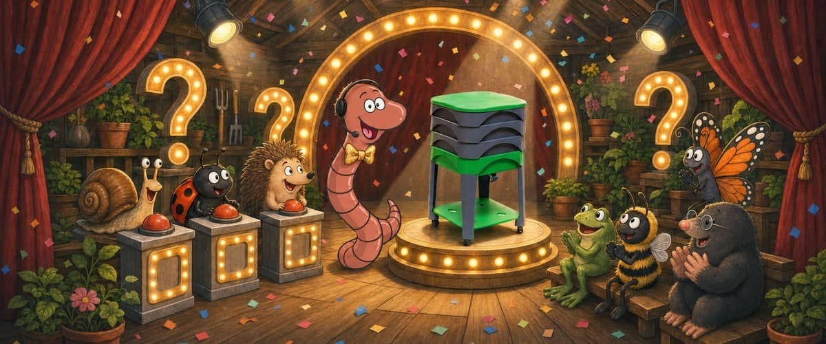 Willy the compost worm hosting a TV game show, wearing a gold bow tie and headset microphone, with a City Worms wormery as the prize, and a snail, a ladybird and a hedgehog at the buzzers