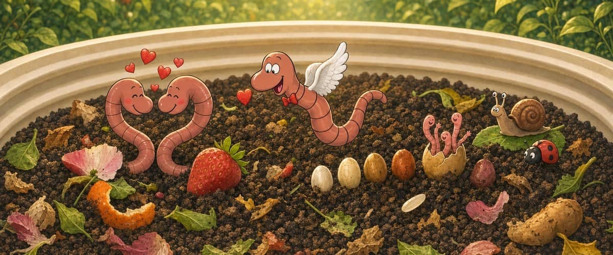 Willy the compost worm dressed as Cupid, with little wings and a heart bow tie, in the tray of an ivory WORMbox: two worms in love form a heart, next to cocoons ranging from white to reddish and baby worms hatching