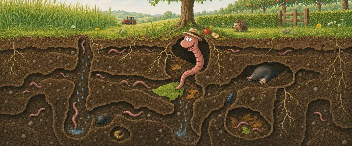 Willy the compost worm dressed as an explorer in a felt hat, emerging from his burrow beneath an apple tree: in cross-section, worms dig horizontal tunnels and vertical burrows, rainwater seeps in, with a mole and roots