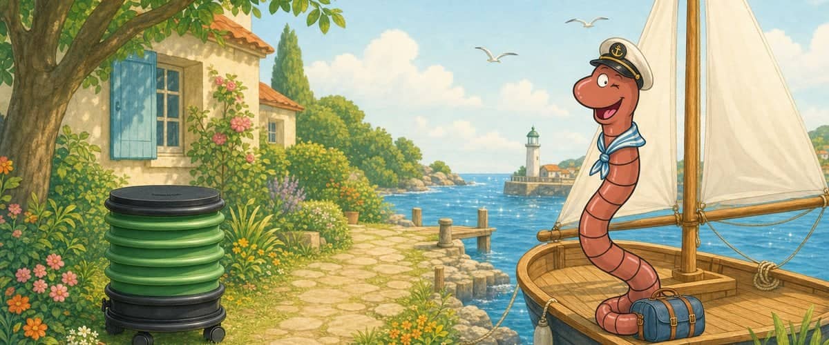 Willy the compost worm, wearing a captain's cap, sets off on holiday in a sailing boat while his WORMbox wormery stays peacefully in the shade of the garden