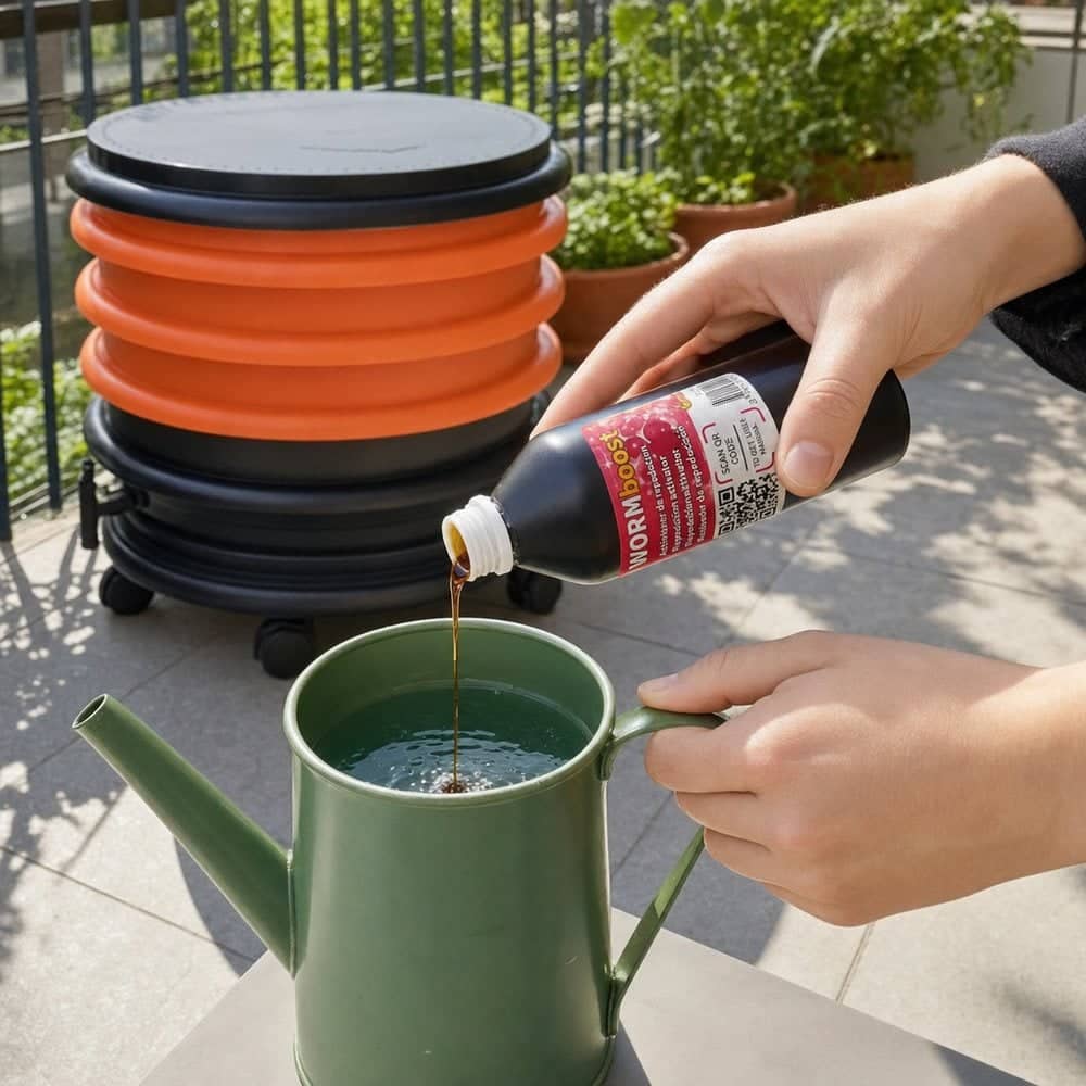 WORMboost diluted in a watering can next to an orange WORMbox wormery