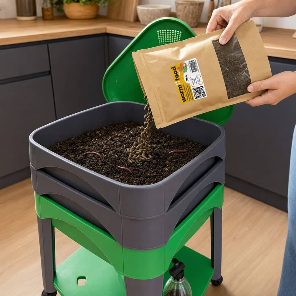 WormFood pellets being scattered by hand in the active tray of a City Worms wormery, with an open bag alongside