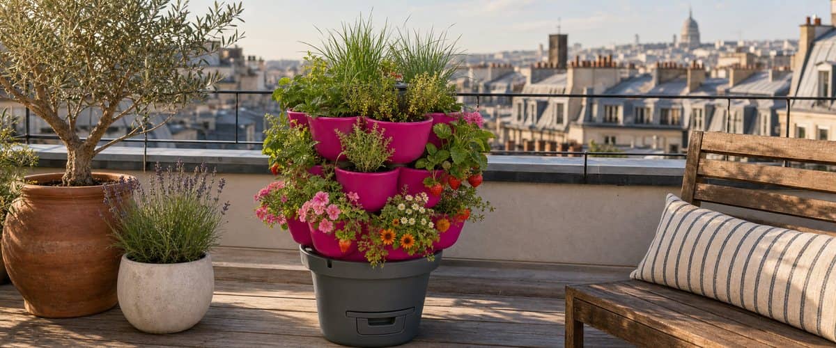 WORMgarden vertical vegetable garden full of herbs, strawberry plants and flowers on a terrace