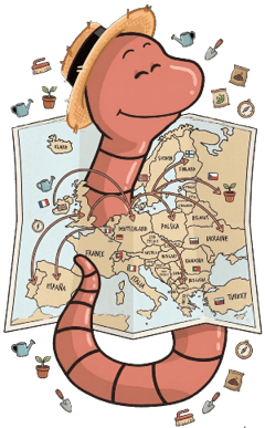 Willy le ver de compost devant une carte de l'Europe